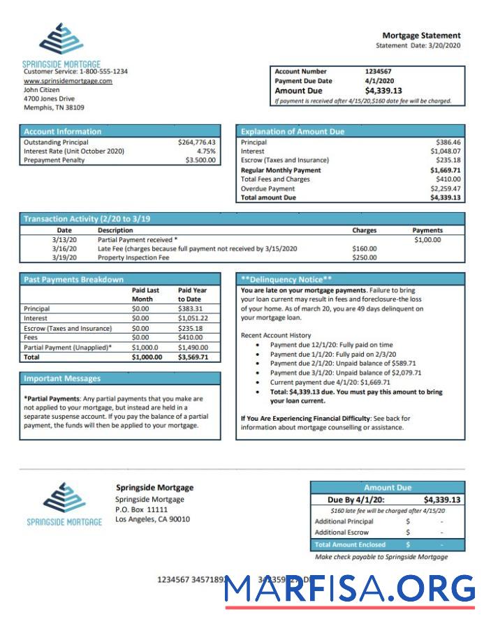 Printable USA Springside Mortgage bank statement word sample